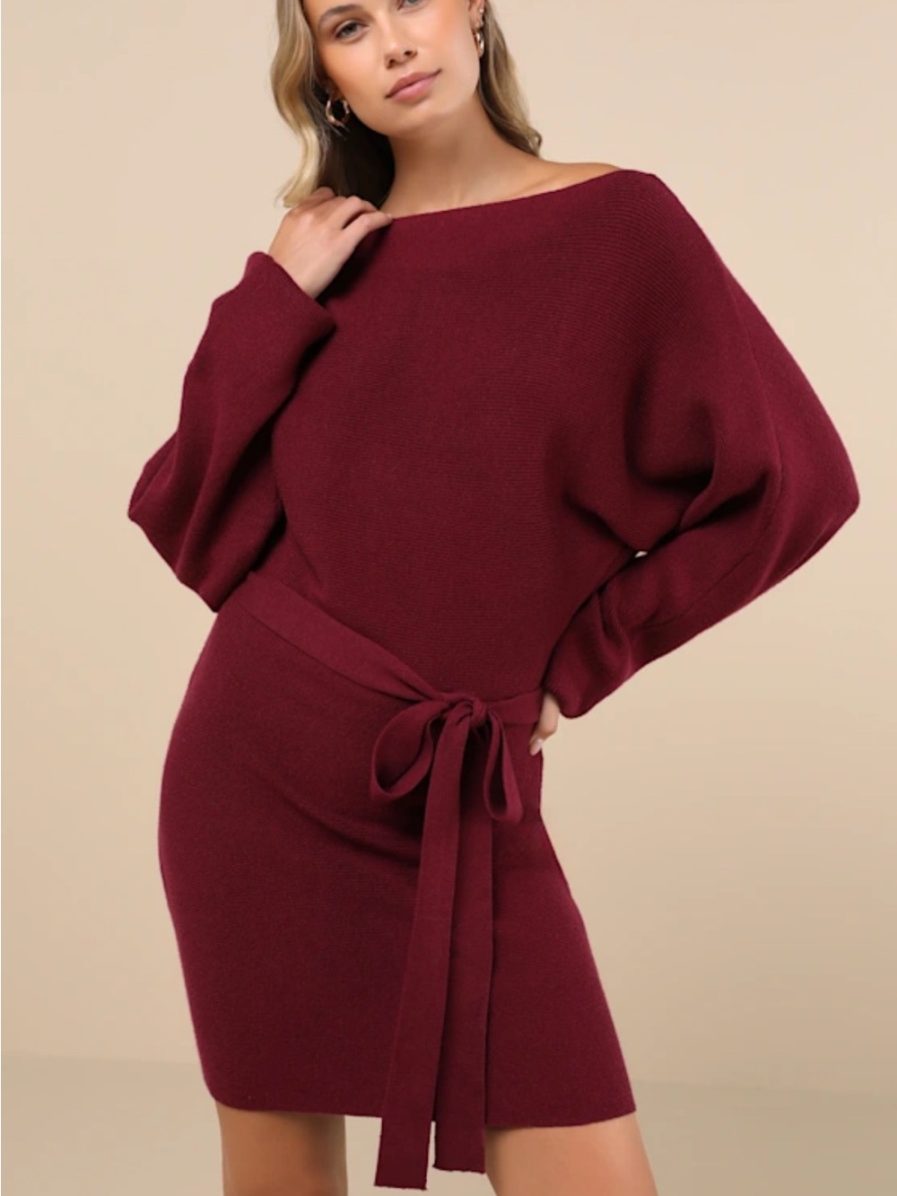 Lulu's Burgundy Long Sleeve Sweater Dress with Tie Waist